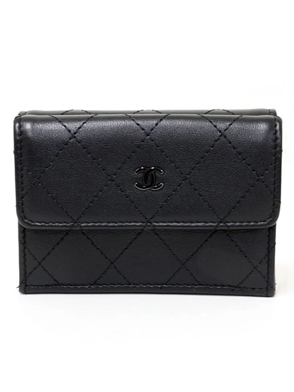 Chanel Compact Wallet Trifold Quilted Leather Black &silver